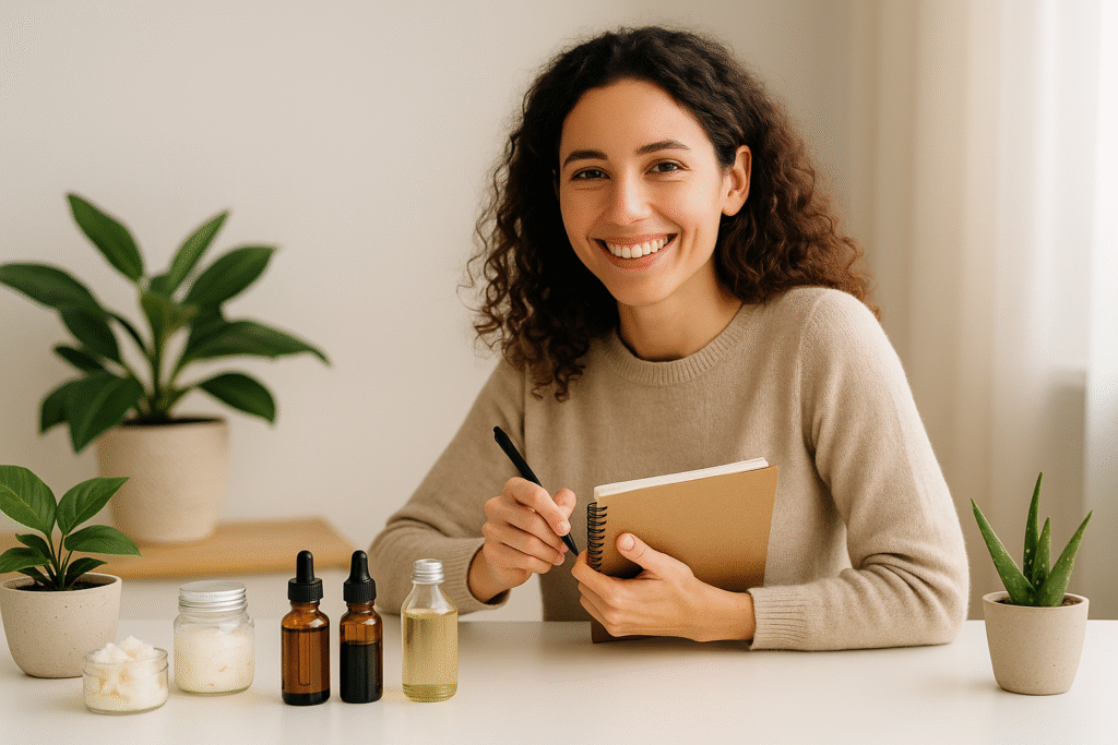 Natural skincare formulation workspace with ingredients and tools