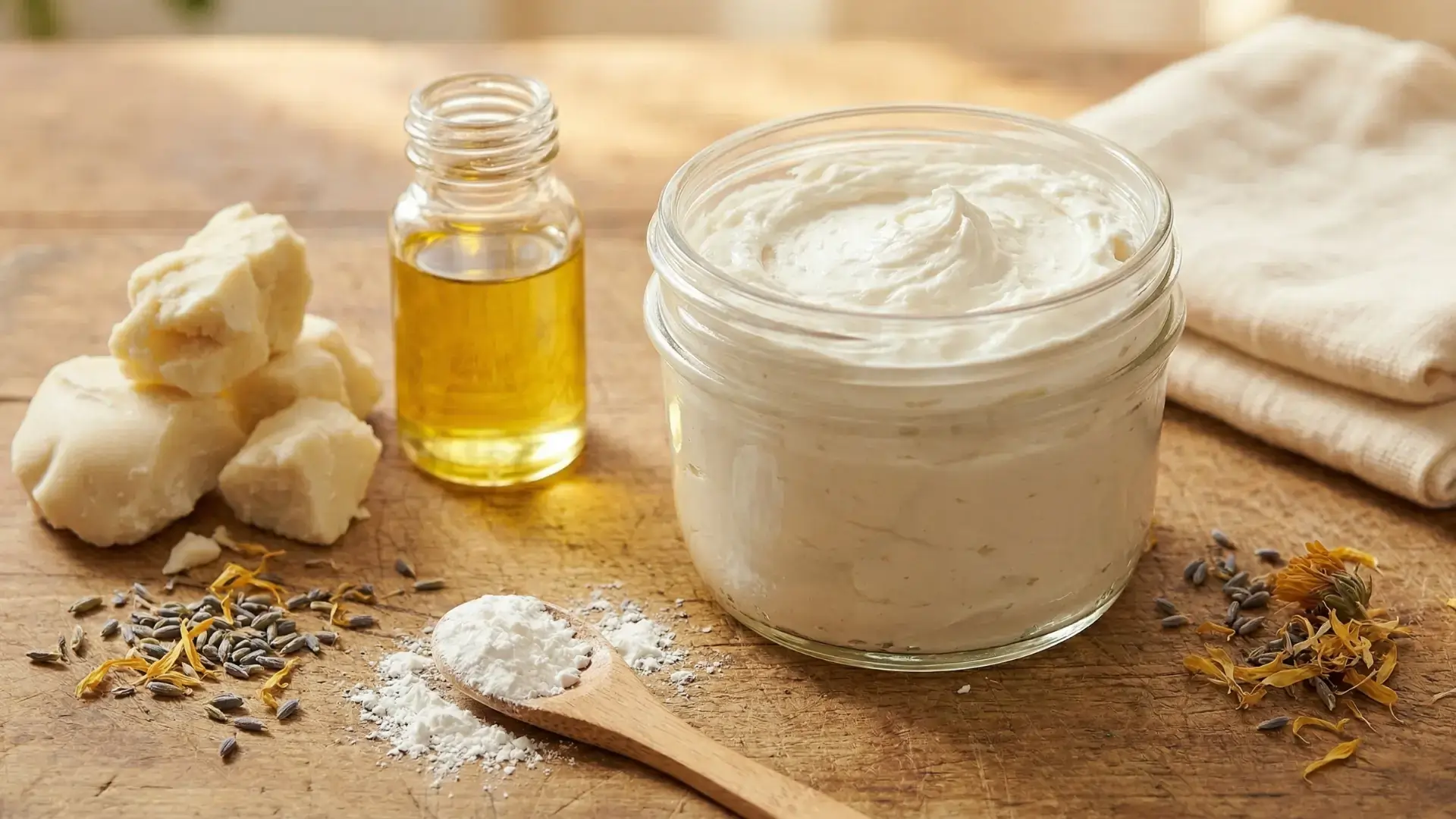 Flat lay of natural skincare ingredients and tools arranged neatly on a wooden surface.