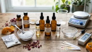 Colorful DIY skincare banners featuring natural ingredients and handmade beauty products on a wooden background