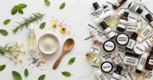 Clean beauty products and natural ingredients on a minimalist white background