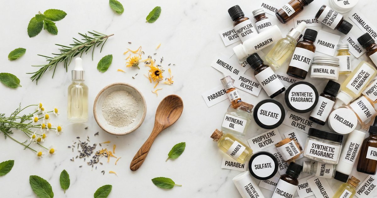 Clean beauty products and natural ingredients on a minimalist white background