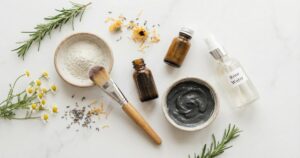 DIY face mask ingredients including clay, honey and botanical extracts