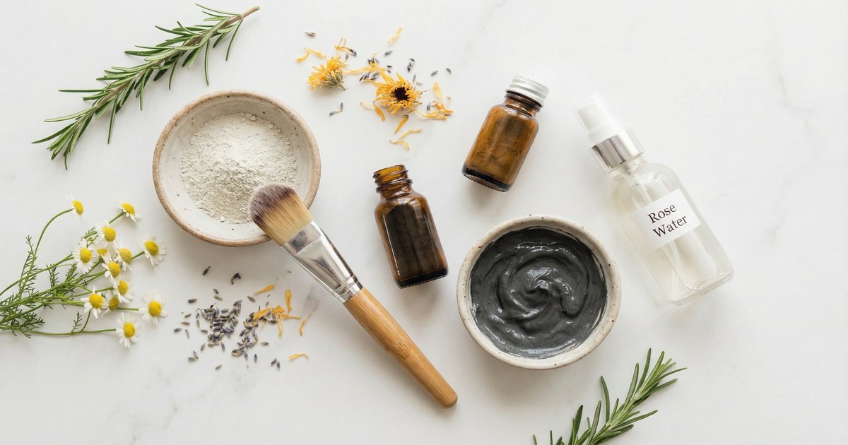 DIY face mask ingredients including clay, honey and botanical extracts