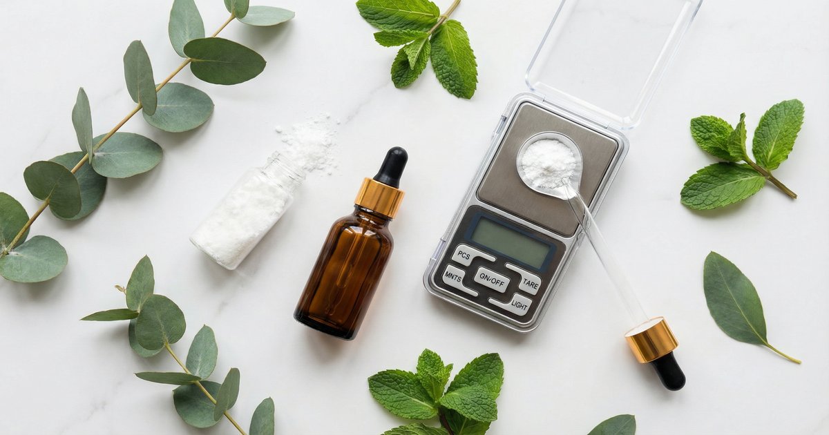 Homemade niacinamide serum in a glass dropper bottle on a white surface