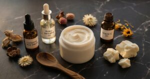 DIY night cream in a small glass jar with natural botanical ingredients