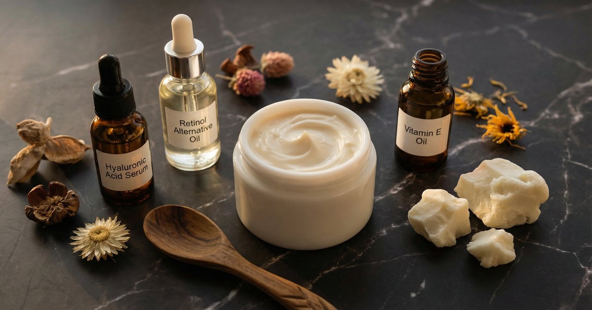 DIY night cream in a small glass jar with natural botanical ingredients