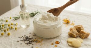 Whipped shea body butter in a glass jar with natural ingredients