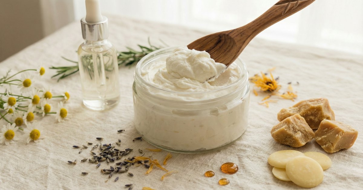 Whipped shea body butter in a glass jar with natural ingredients