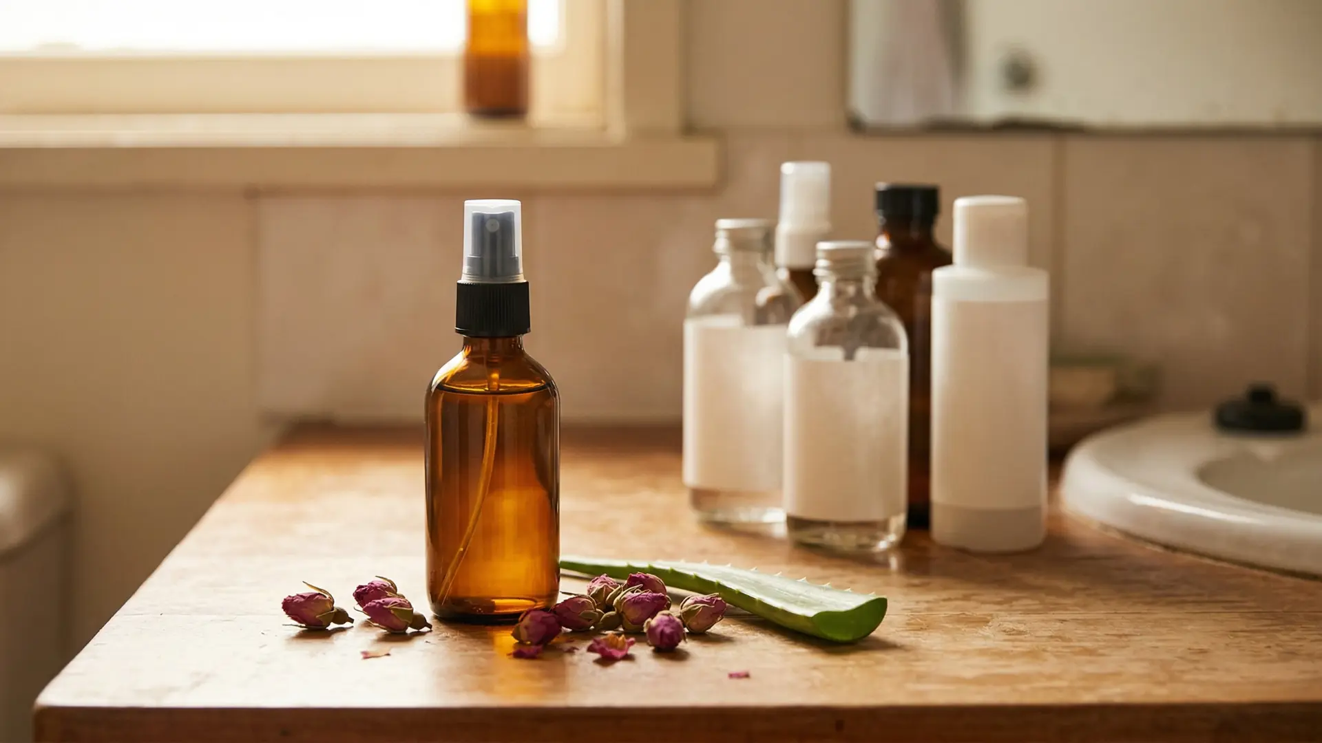 Three amber glass bottles of homemade DIY face toner arranged on white linen with dried botanicals