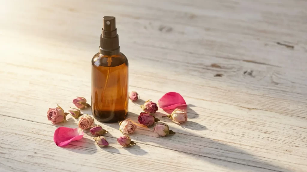 Amber glass spray bottle of homemade rose water and witch hazel toner on white timber with dried rosebuds