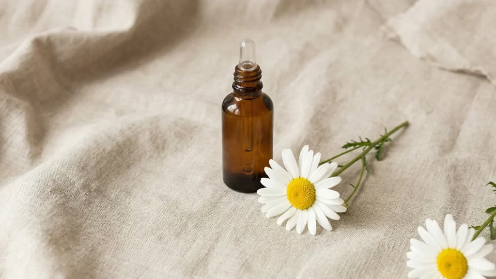 Small amber dropper bottle of DIY chamomile and aloe toner on natural linen beside a fresh chamomile sprig