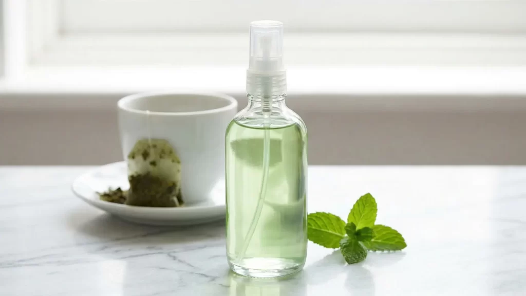 Clear glass bottle of homemade green tea and glycerin face toner on marble with a white ceramic teacup in the background