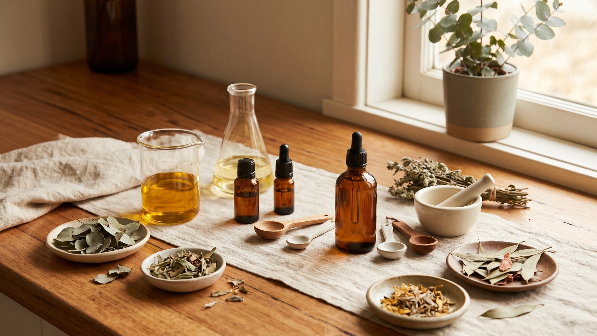 A wide panoramic image capturing a complete, text-free DIY face oil workshop setup on a rustic wooden table with linen. Various amber glass dropper bottles, glass beakers, a mortar and pestle with herbs, bowls of dried botanicals like lavender and leaves, and a potted eucalyptus plant sit by a window.