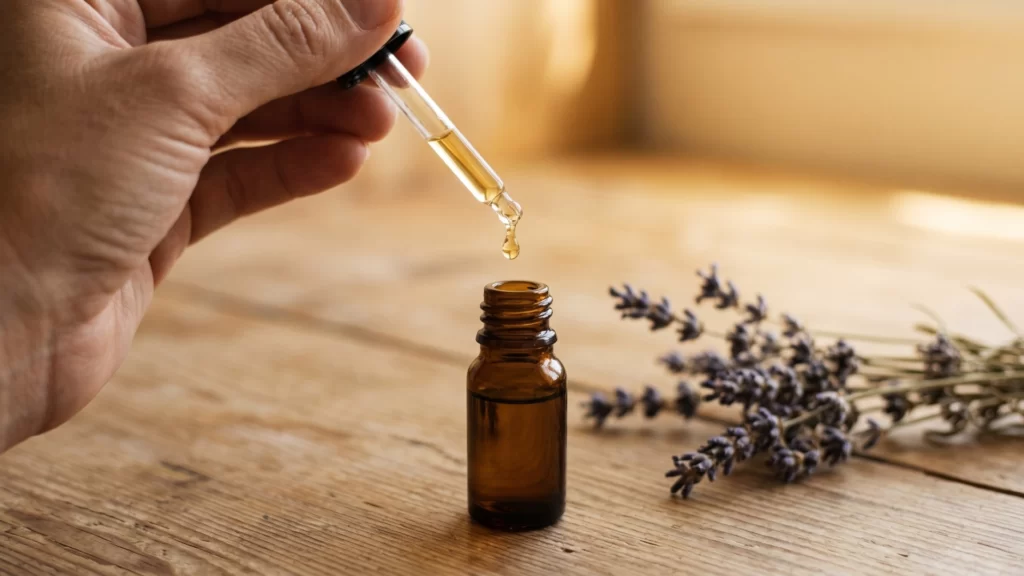 Human hand using a glass dropper to dispense a single drop of golden essential oil into a small unlabelled amber glass bottle, over a timber table with blurred lavender in the background.