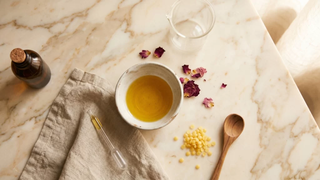A loose, organic flat lay of natural skincare ingredients on warm marble, featuring golden jojoba oil in a ceramic bowl, a glass beaker, a dropper, dried rose petals, beeswax pellets, and a wooden spoon.