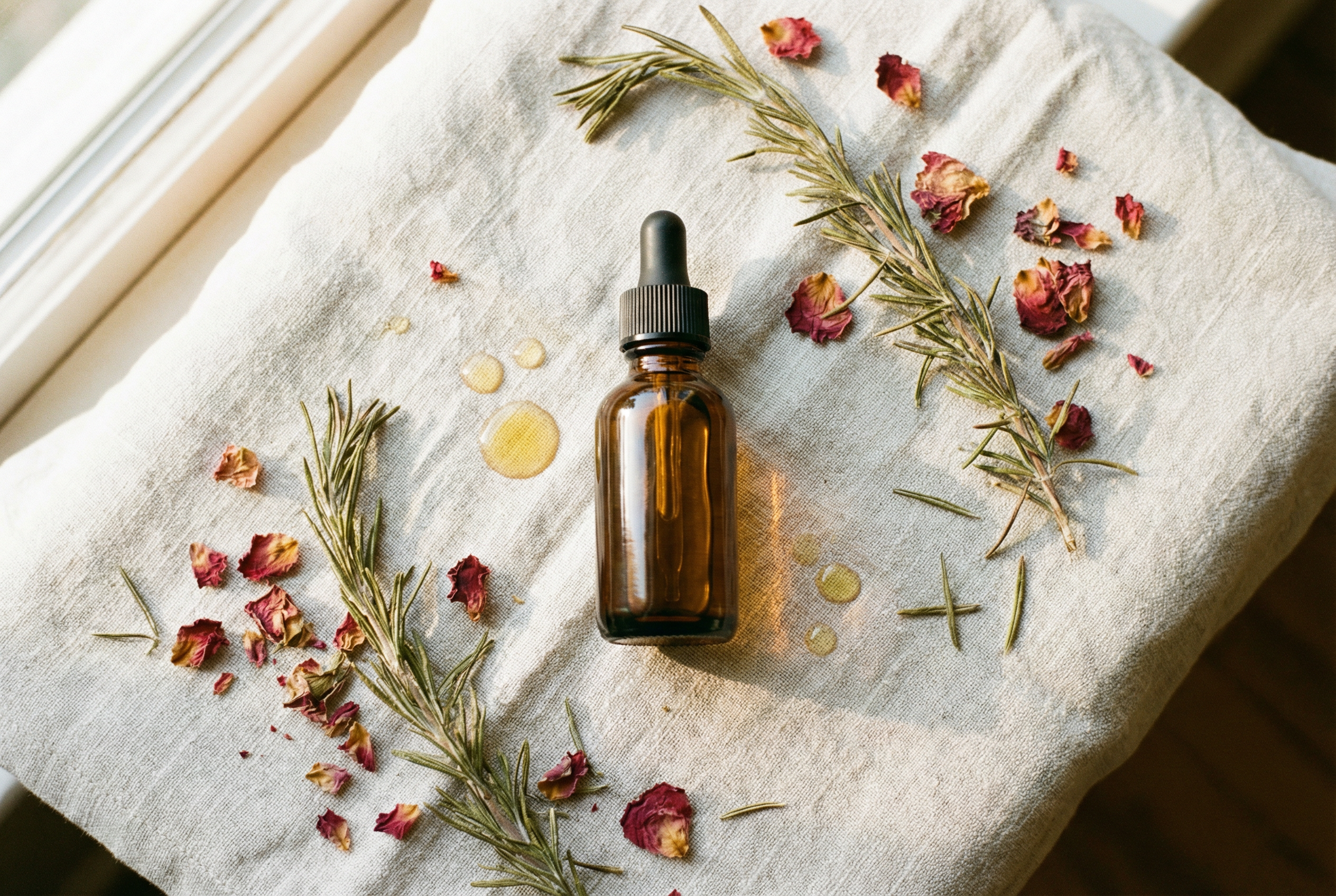 Amber glass dropper bottle of DIY facial oil blend with rosemary sprigs and dried rose petals on linen