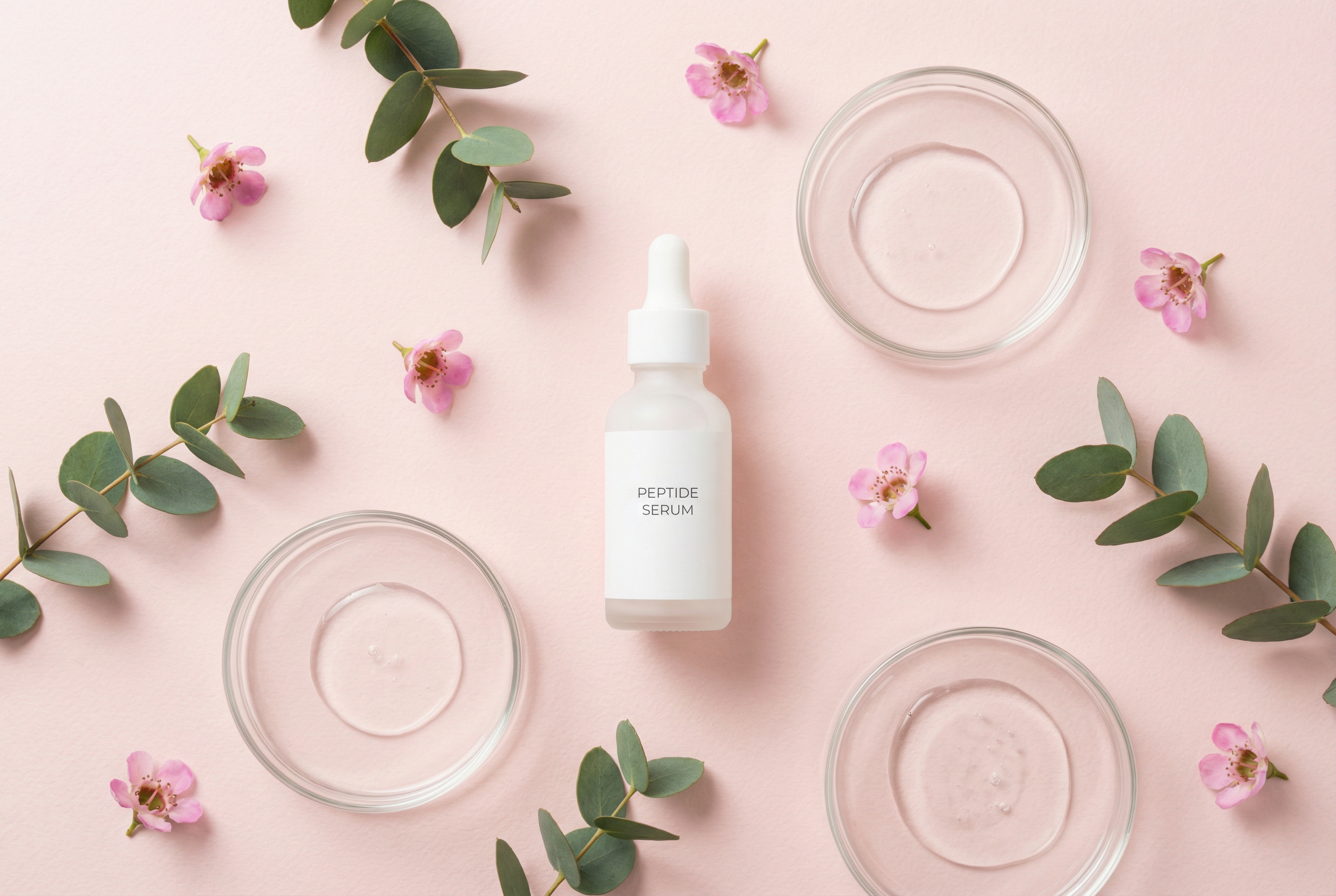 DIY peptide firming serum in a white dropper bottle surrounded by pink flowers and petri dishes