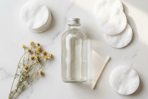 DIY micellar water cleanser in a glass bottle with cotton pads and chamomile flowers on marble