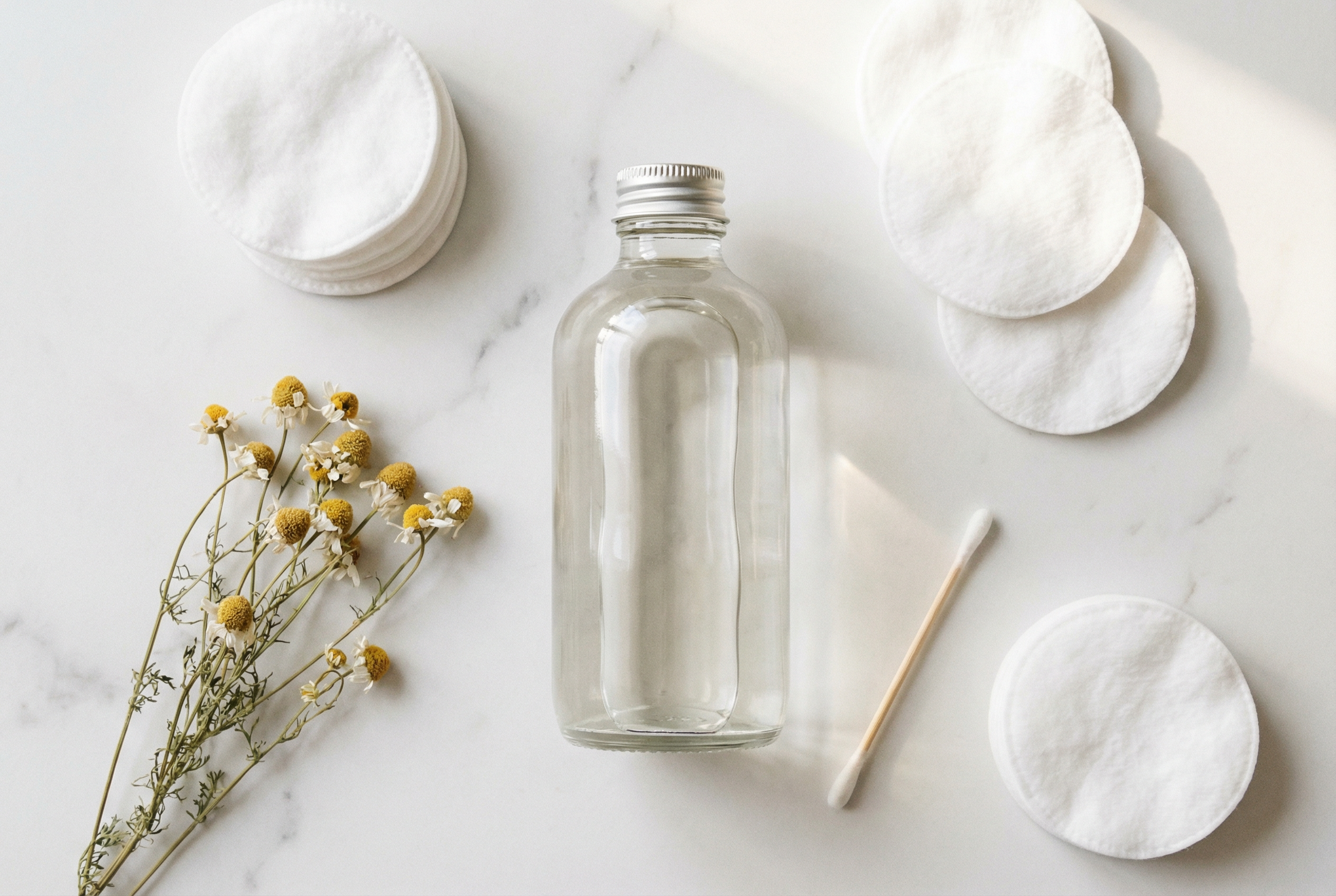 DIY micellar water cleanser in a glass bottle with cotton pads and chamomile flowers on marble